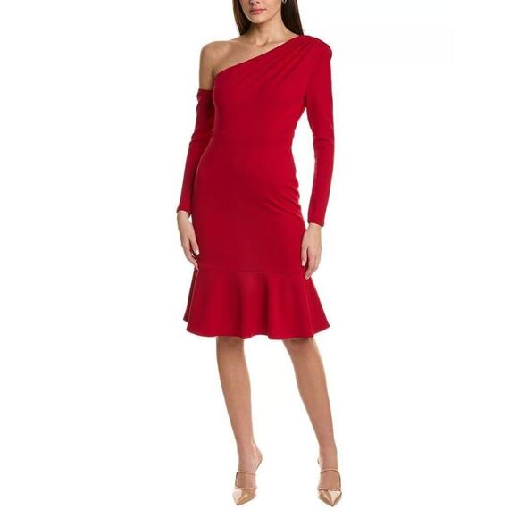 Laundry by Shelli Segal Dress Asymmetrical Neck Long Sleeve Flounce Midi Red 4 - Picture 2 of 9